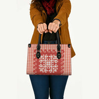 Red Ulu Palaka Quilt Pattern Leather Bag Hawaii Culture Breadfruit - Polynesian Pride