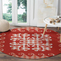 Red Ulu Palaka Quilt Pattern Round Carpet Hawaii Culture Breadfruit - Polynesian Pride