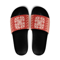 Red Ulu Palaka Quilt Pattern Slide Sandals Hawaii Culture Breadfruit - Polynesian Pride
