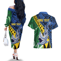 Personalised Crocodile and Shark Solomon Islands Couples Matching Off The Shoulder Long Sleeve Dress and Hawaiian Shirt Polynesian Tribal Tattoo LT9 - Polynesian Pride