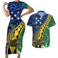Personalised Crocodile and Shark Solomon Islands Couples Matching Short Sleeve Bodycon Dress and Hawaiian Shirt Polynesian Tribal Tattoo LT9 Green - Polynesian Pride