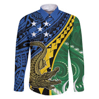 Personalised Crocodile and Shark Solomon Islands Family Matching Long Sleeve Bodycon Dress and Hawaiian Shirt Polynesian Tribal Tattoo LT9 Dad's Shirt - Long Sleeve Green - Polynesian Pride