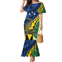 Personalised Crocodile and Shark Solomon Islands Family Matching Mermaid Dress and Hawaiian Shirt Polynesian Tribal Tattoo LT9 Mom's Dress Green - Polynesian Pride