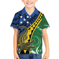 Personalised Crocodile and Shark Solomon Islands Family Matching Off The Shoulder Long Sleeve Dress and Hawaiian Shirt Polynesian Tribal Tattoo LT9 Son's Shirt Green - Polynesian Pride