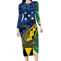 Personalised Crocodile and Shark Solomon Islands Long Sleeve Bodycon Dress Polynesian Tribal Tattoo LT9 Long Dress Green - Polynesian Pride