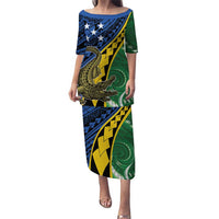 Personalised Crocodile and Shark Solomon Islands Puletasi Polynesian Tribal Tattoo LT9 Long Dress Green - Polynesian Pride