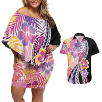 Aloha Vintage Hibiscus Lei Seamless Pattern Couples Matching Off Shoulder Short Dress and Hawaiian Shirt LT9 Pink - Polynesian Pride