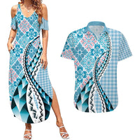 Aloha Vintage Palaka Floral Hawaiian Quilt Couples Matching Summer Maxi Dress and Hawaiian Shirt Uliuli Motif LT9 Blue - Polynesian Pride