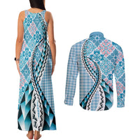 Aloha Vintage Palaka Floral Hawaiian Quilt Couples Matching Tank Maxi Dress and Long Sleeve Button Shirt Uliuli Motif - Polynesian Pride