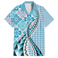 Aloha Vintage Palaka Floral Hawaiian Quilt Family Matching Off Shoulder Short Dress and Hawaiian Shirt Uliuli Motif LT9 Dad's Shirt - Short Sleeve Blue - Polynesian Pride