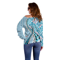 Aloha Vintage Palaka Floral Hawaiian Quilt Off Shoulder Sweater Uliuli Motif - Polynesian Pride