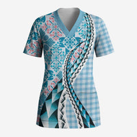 Aloha Vintage Palaka Floral Hawaiian Quilt Scrub Top Uliuli Motif LT9 Adult Blue - Polynesian Pride