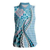 Aloha Vintage Palaka Floral Hawaiian Quilt Women Sleeveless Polo Shirt Uliuli Motif LT9 Female Blue - Polynesian Pride