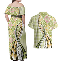 Aloha Vintage Palaka Floral Hawaiian Quilt Couples Matching Off Shoulder Maxi Dress and Hawaiian Shirt Omaomao Motif LT9 - Polynesian Pride