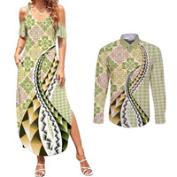 Aloha Vintage Palaka Floral Hawaiian Quilt Couples Matching Summer Maxi Dress and Long Sleeve Button Shirt Omaomao Motif - Polynesian Pride