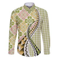 Aloha Vintage Palaka Floral Hawaiian Quilt Family Matching Long Sleeve Bodycon Dress and Hawaiian Shirt Omaomao Motif LT9 Dad's Shirt - Long Sleeve Lime - Polynesian Pride