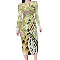 Aloha Vintage Palaka Floral Hawaiian Quilt Family Matching Long Sleeve Bodycon Dress and Hawaiian Shirt Omaomao Motif LT9 Mom's Dress Lime - Polynesian Pride