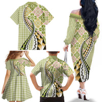 Aloha Vintage Palaka Floral Hawaiian Quilt Family Matching Off The Shoulder Long Sleeve Dress and Hawaiian Shirt Omaomao Motif LT9 - Polynesian Pride