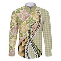 Aloha Vintage Palaka Floral Hawaiian Quilt Family Matching Off The Shoulder Long Sleeve Dress and Hawaiian Shirt Omaomao Motif LT9 Dad's Shirt - Long Sleeve Lime - Polynesian Pride