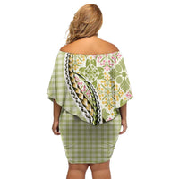 Aloha Vintage Palaka Floral Hawaiian Quilt Off Shoulder Short Dress Omaomao Motif - Polynesian Pride