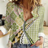 Aloha Vintage Palaka Floral Hawaiian Quilt Women Casual Shirt Omaomao Motif LT9 Female Lime - Polynesian Pride