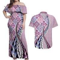Aloha Vintage Palaka Floral Hawaiian Quilt Couples Matching Off Shoulder Maxi Dress and Hawaiian Shirt Akala Motif LT9 Pink - Polynesian Pride