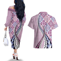 Aloha Vintage Palaka Floral Hawaiian Quilt Couples Matching Off The Shoulder Long Sleeve Dress and Hawaiian Shirt Akala Motif LT9 - Polynesian Pride