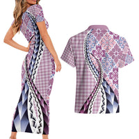Aloha Vintage Palaka Floral Hawaiian Quilt Couples Matching Short Sleeve Bodycon Dress and Hawaiian Shirt Akala Motif LT9 - Polynesian Pride