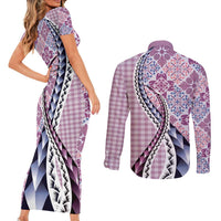 Aloha Vintage Palaka Floral Hawaiian Quilt Couples Matching Short Sleeve Bodycon Dress and Long Sleeve Button Shirt Akala Motif LT9 - Polynesian Pride