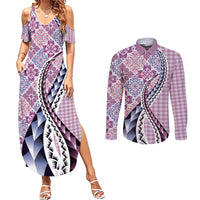 Aloha Vintage Palaka Floral Hawaiian Quilt Couples Matching Summer Maxi Dress and Long Sleeve Button Shirt Akala Motif LT9 Pink - Polynesian Pride