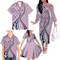 Aloha Vintage Palaka Floral Hawaiian Quilt Family Matching Off The Shoulder Long Sleeve Dress and Hawaiian Shirt Akala Motif LT9 - Polynesian Pride
