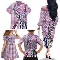 Aloha Vintage Palaka Floral Hawaiian Quilt Family Matching Off The Shoulder Long Sleeve Dress and Hawaiian Shirt Akala Motif LT9 - Polynesian Pride