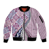 Aloha Vintage Palaka Floral Hawaiian Quilt Sleeve Zip Bomber Jacket Akala Motif - Polynesian Pride