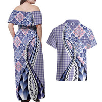 Aloha Vintage Palaka Floral Hawaiian Quilt Couples Matching Off Shoulder Maxi Dress and Hawaiian Shirt Poni Motif LT9 - Polynesian Pride