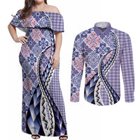 Aloha Vintage Palaka Floral Hawaiian Quilt Couples Matching Off Shoulder Maxi Dress and Long Sleeve Button Shirt Poni Motif LT9 Purple - Polynesian Pride