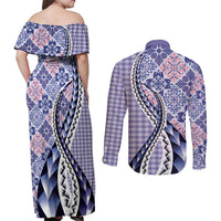 Aloha Vintage Palaka Floral Hawaiian Quilt Couples Matching Off Shoulder Maxi Dress and Long Sleeve Button Shirt Poni Motif LT9 - Polynesian Pride
