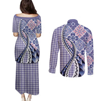 Aloha Vintage Palaka Floral Hawaiian Quilt Couples Matching Puletasi and Long Sleeve Button Shirt Poni Motif - Polynesian Pride