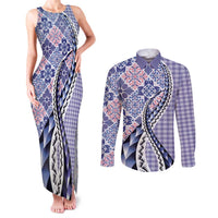 Aloha Vintage Palaka Floral Hawaiian Quilt Couples Matching Tank Maxi Dress and Long Sleeve Button Shirt Poni Motif LT9 Purple - Polynesian Pride