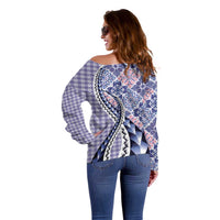 Aloha Vintage Palaka Floral Hawaiian Quilt Off Shoulder Sweater Poni Motif - Polynesian Pride