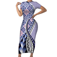 Aloha Vintage Palaka Floral Hawaiian Quilt Short Sleeve Bodycon Dress Poni Motif - Polynesian Pride