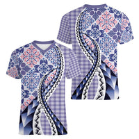 Aloha Vintage Palaka Floral Hawaiian Quilt Women V-Neck T-Shirt Poni Motif - Polynesian Pride