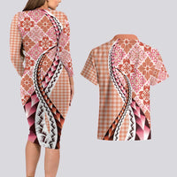 Aloha Vintage Palaka Floral Hawaiian Quilt Couples Matching Long Sleeve Bodycon Dress and Hawaiian Shirt Ulaula Motif LT9 - Polynesian Pride