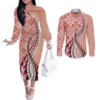 Aloha Vintage Palaka Floral Hawaiian Quilt Couples Matching Off The Shoulder Long Sleeve Dress and Long Sleeve Button Shirt Ulaula Motif LT9 Red - Polynesian Pride