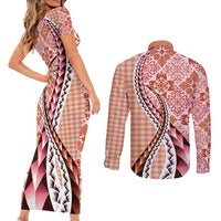 Aloha Vintage Palaka Floral Hawaiian Quilt Couples Matching Short Sleeve Bodycon Dress and Long Sleeve Button Shirt Ulaula Motif LT9 - Polynesian Pride