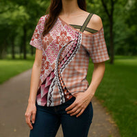 Aloha Vintage Palaka Floral Hawaiian Quilt Cross Shoulder Shirt Ulaula Motif - Polynesian Pride