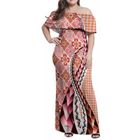 Aloha Vintage Palaka Floral Hawaiian Quilt Family Matching Off Shoulder Maxi Dress and Hawaiian Shirt Ulaula Motif LT9 Mom's Dress Red - Polynesian Pride