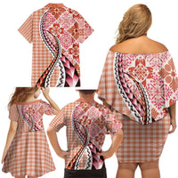 Aloha Vintage Palaka Floral Hawaiian Quilt Family Matching Off Shoulder Short Dress and Hawaiian Shirt Ulaula Motif LT9 - Polynesian Pride