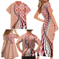 Aloha Vintage Palaka Floral Hawaiian Quilt Family Matching Short Sleeve Bodycon Dress and Hawaiian Shirt Ulaula Motif LT9 - Polynesian Pride