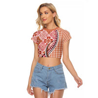 Aloha Vintage Palaka Floral Hawaiian Quilt Raglan Cropped T Shirt Ulaula Motif - Polynesian Pride