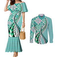 Aloha Vintage Palaka Floral Hawaiian Quilt Couples Matching Mermaid Dress and Long Sleeve Button Shirt Polu Motif LT9 Turquoise - Polynesian Pride